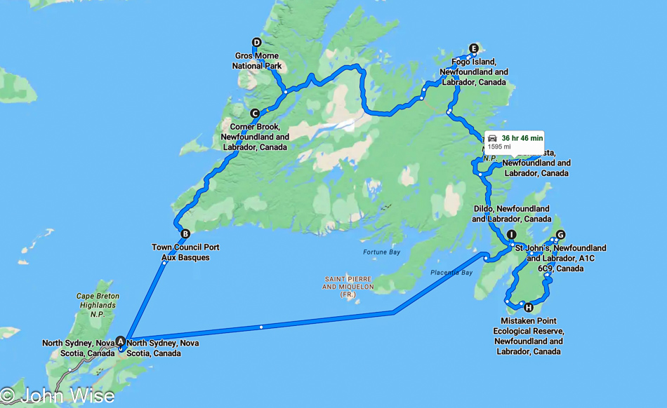 Map of the route to and from Newfoundland, Canada