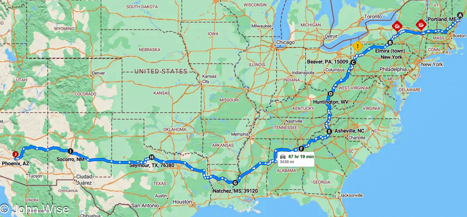 Map showing the route from Maine to Phoenix