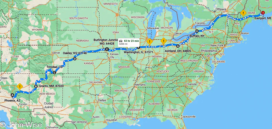 Map showing route from Phoenix to Maine