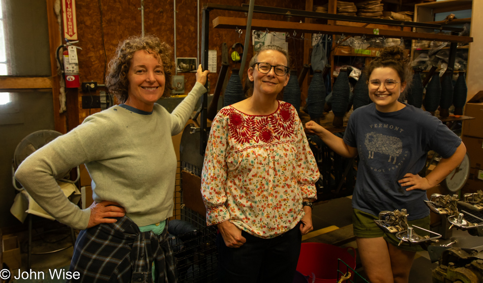 Caroline Wise with Sally and Marley at Green Mountain Spinnery in Putney, Vermont