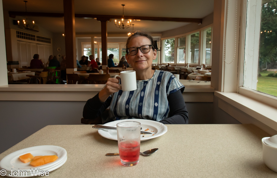 Caroline Wise at breakfast at Shaw's Hotel in Brackley Beach, Prince Edward Island, Canada